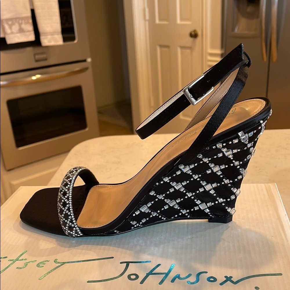 Betsey Johnson Black Wedge Sandals with Geometric Pattern